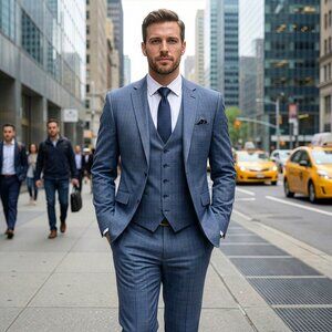 New 2026 Mens 3pc Plaid Windowpane Mid Blue Suit Set, Hybrid Fit (H2)